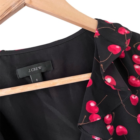J. Crew F5751 Black Red Cherry Fruit Silk Ruffle Faux Wrap Dress 6 - Picture 5 of 5